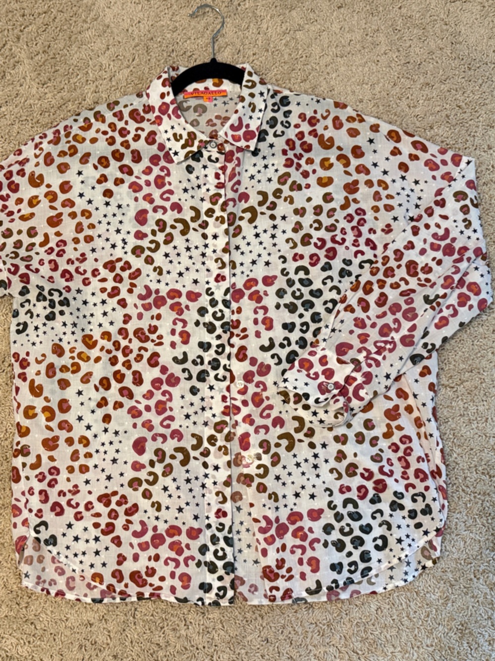 Vilagallo White Button-Down Shirt with Pink, Brown & Black Leopard Print